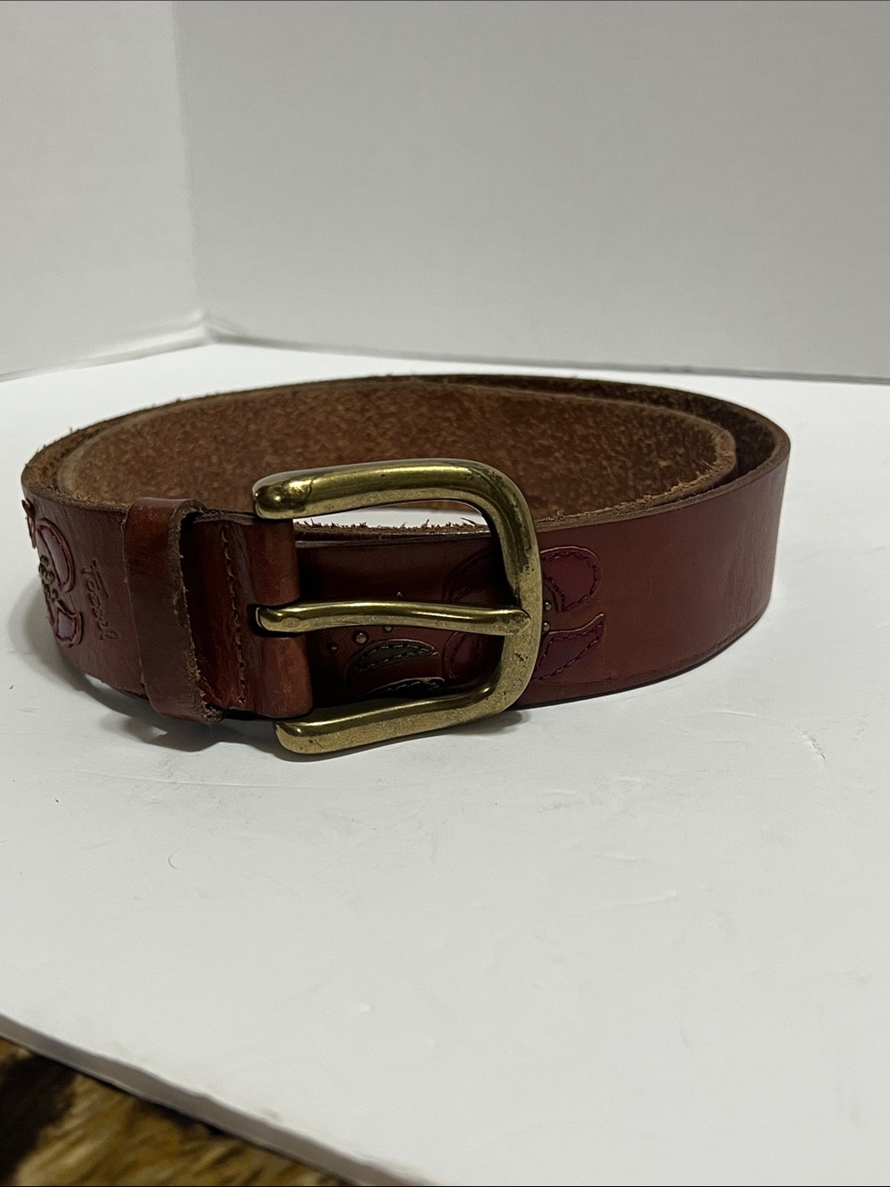 Fossil Genuine Leather Tooled Belt Floral Design Large Western Y2K Boho